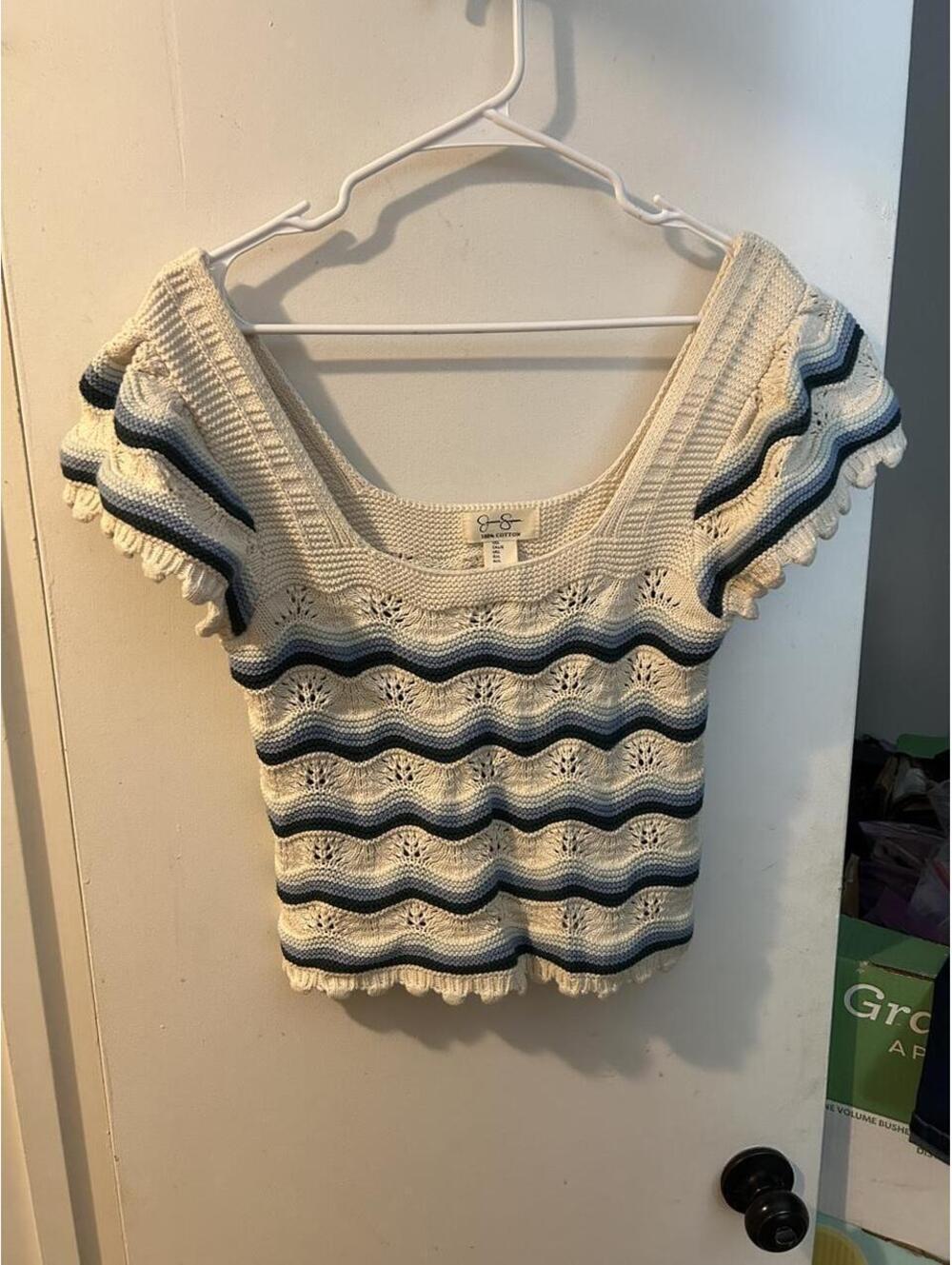 Jessica Simpson blue and cream wavy striped cotton knit crop top size L